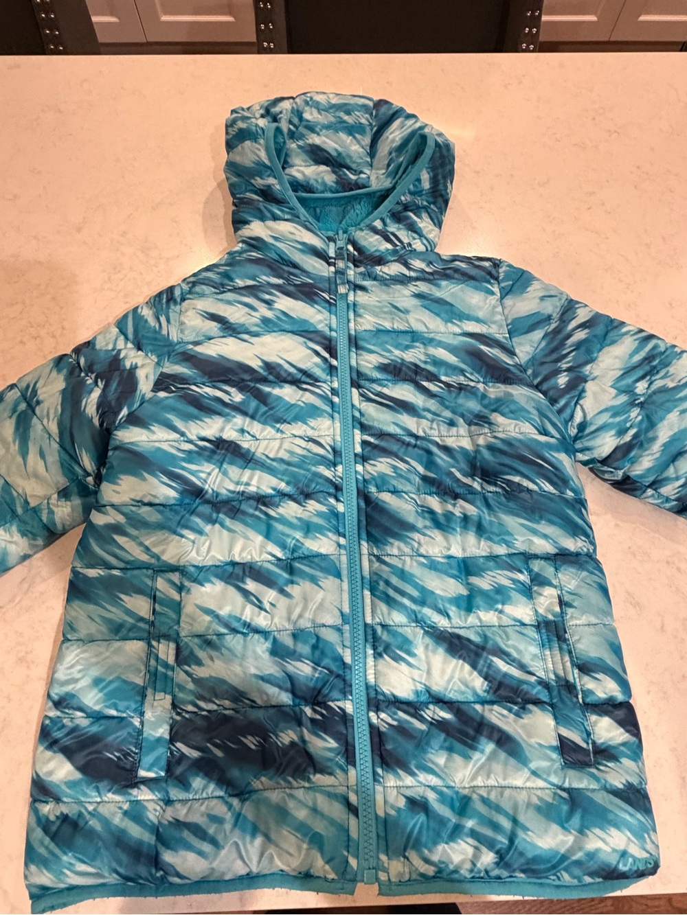 Lands' End Girls Blue Patterned Hooded Puffer - Reversible!